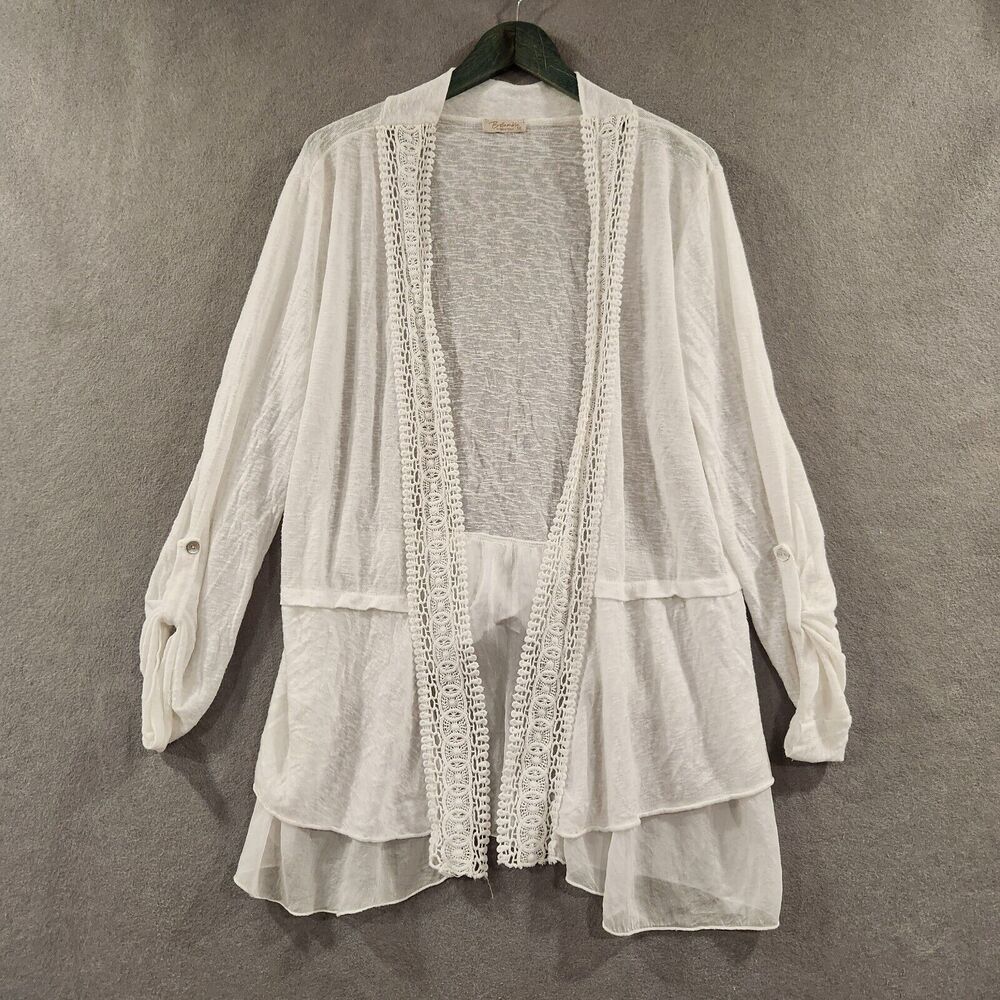 Bellambra Womens‎ 1X White Crochet Trim Tiered Ruffle Open Front Cardigan Italy
